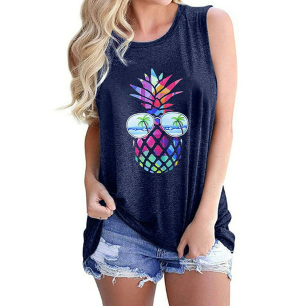 Women Leopard Pineapple Printed Tank Top Funny Graphic Vest Sleeveless Shirt Tee Tops